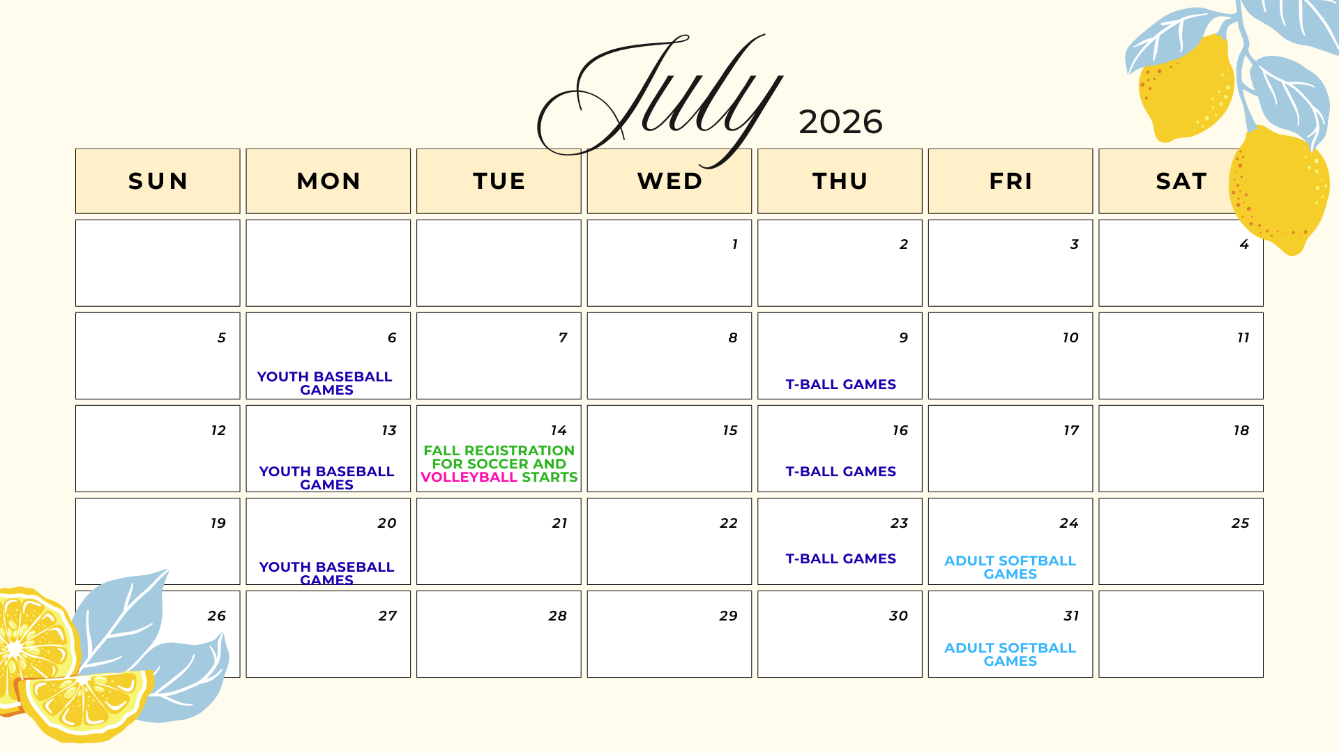 July 2026 park calendar