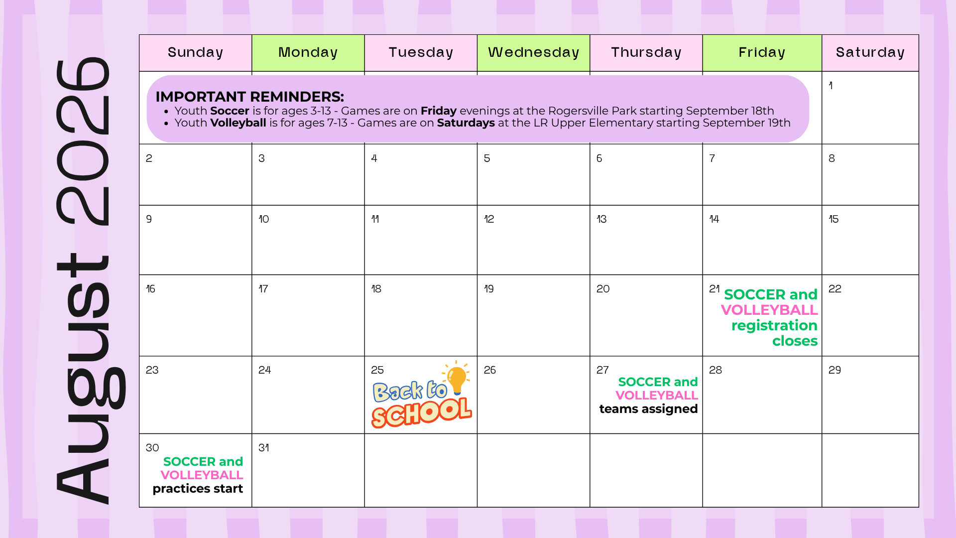 August 2026 Park calendar